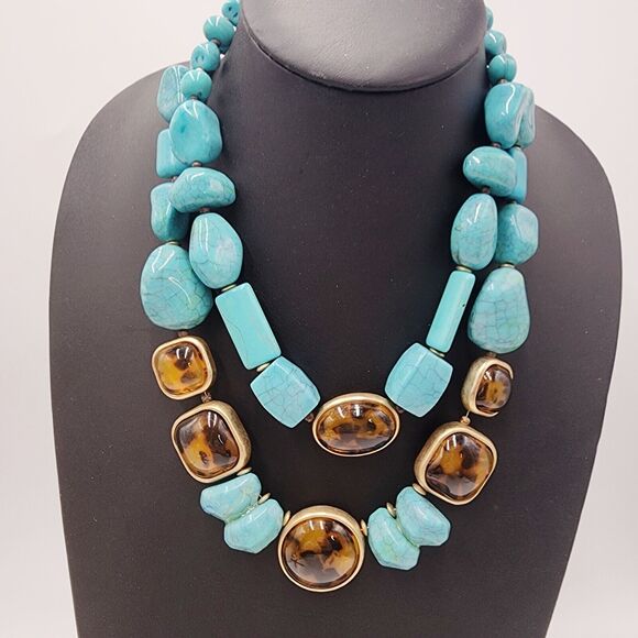 Chico’s “Jasmine ” Double Strand Blue Faux Turquoise Tortoise Shell 20" Necklace - Picture 1 of 6